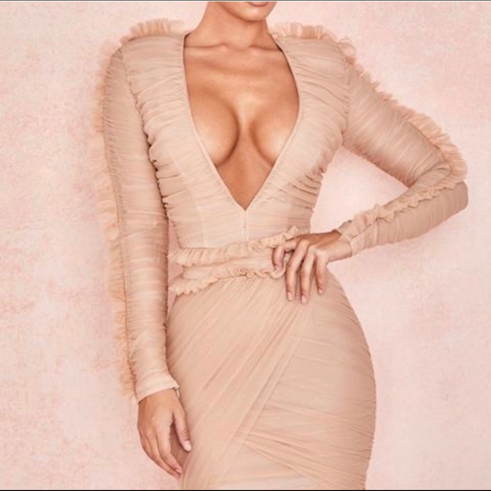 HOUSE OF CB FLEUR Blush Pleated Tulle Deep V Dress